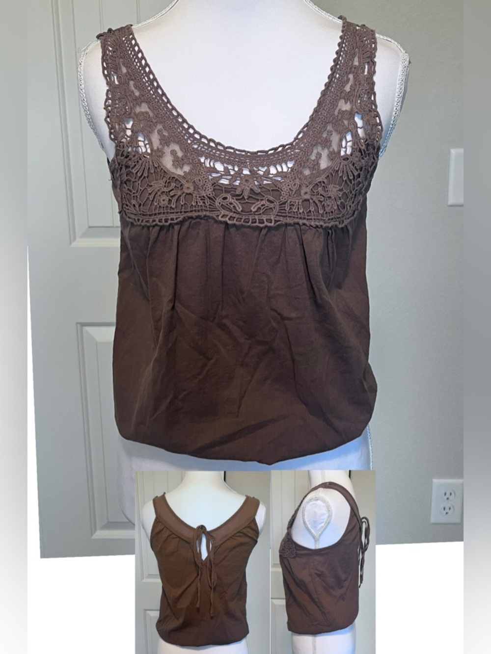 Vintage 579 Brown Crochet Yoke Tank Camisole Tie Back Elastic Waist PTP 15” XS/S - Picture 1 of 10